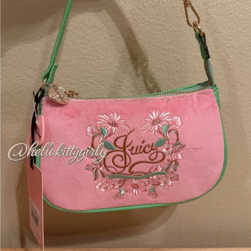 Juicy Couture Pink Mini Shoulder Bag with Green Trim & Floral Embroidery